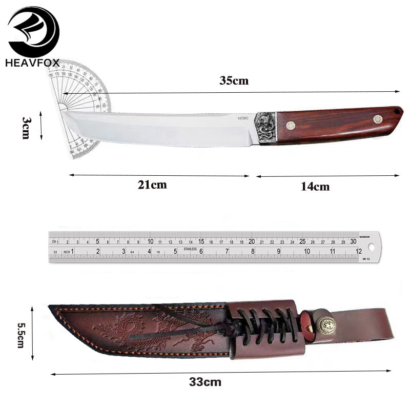 Carving Dragon Outdoor Straight Knife with Leather Sheath