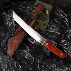 Carving Dragon Outdoor Straight Knife with Leather Sheath