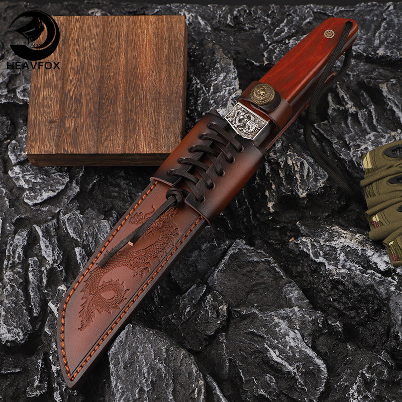 Carving Dragon Outdoor Straight Knife with Leather Sheath